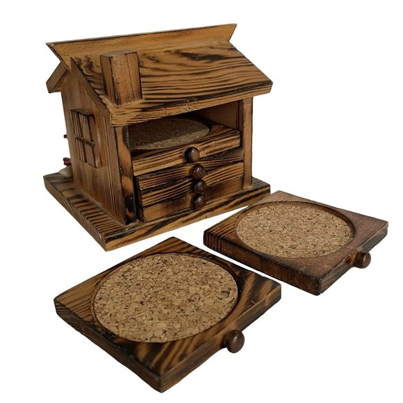 Vintage 1970s Hand Made Folk Art Wood Log Cabin Coasters Set Taiwan Rustic Bird - Picture 6 of 10